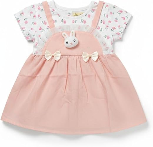 Cozy Bee oddler Girls’ 2-Piece Style Floral Pinafore Dress – Cute Bunny Applique &amp; Ruffle Detail Cotton A-Line Frock (Avai...