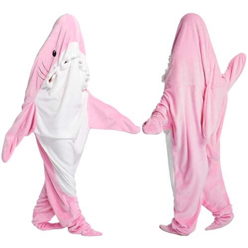 Shark Blanket Hoodie Onesie for Adult Kids Cozy Flannel Throw Wearable Blanket Cartoon Animals Shark Onesie Shark Costume (Pink Large)
