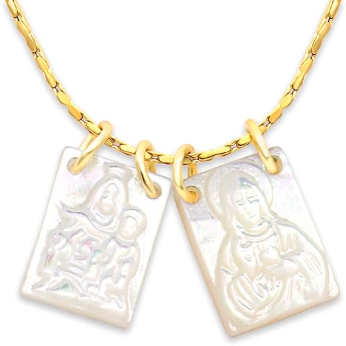 Escapulario Virgen del Carmen y Sagrado Corazon de Jesus – Collar Mujer Acero Inoxidable y Nacar - Medallas Virgen Religiosas Catolicas Joyeria Religiosa Regalo Espiritual con Caja Elegante
