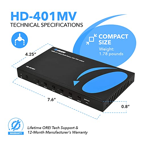 OREI Switcher HDMI 4 em 1 com multivisor de tela quádrupla – suporta áudio 1080p, DTS/Dolby Audio, c