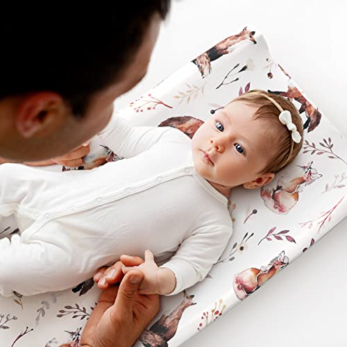 Image of GRSSDER Stretch Ultra Soft Jersey Knit Changing Pad Cover Set 2 Pack, Change Table Pad Covers Fit 32 inch /34 inch x 16 inch Pads Safe and Snug, Cute Diaper Change Table Sheets for Girls, Fox Pattern for Baby