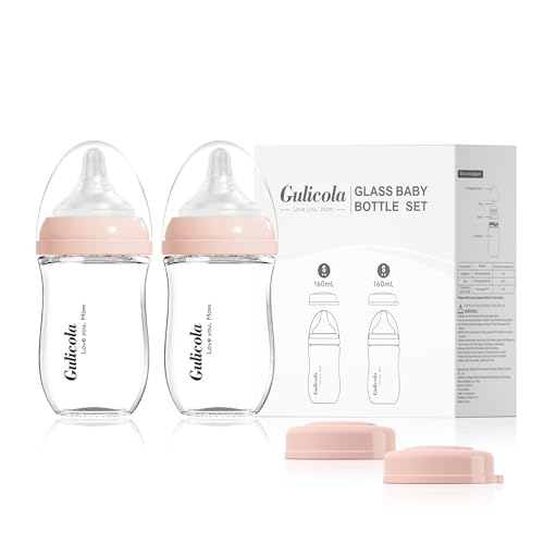 Image of Gulicola Natural Glass Baby Bottle for Breastfeeding Babies, Newborn Anti-Colic Bottle Set with Slow Flow Nipple, 0-3 Months, 5 oz, 2 Pack - Pink