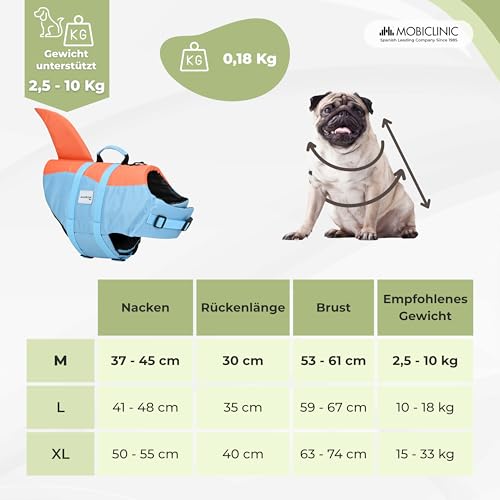 Mobiclinic®, Schwimmweste Hund, Haifischflossen-Design, Rettungsgriff, Verstellbares Geschirr, Leinenring, Hoher Auftrieb und Gute Sichtbarkeit, Sharky, Leicht, Schwimmen, Surfen, Segeln