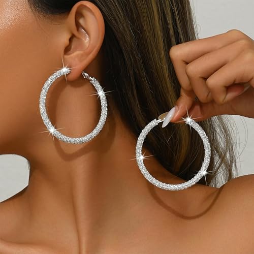 Rhinestone Hoop Earrings for Women Big Gold Silver Hoop Earrings Large Glitter Sparkly Hoops Earring Trendy Prom Wedding Formal Jewelry Gifts 20253