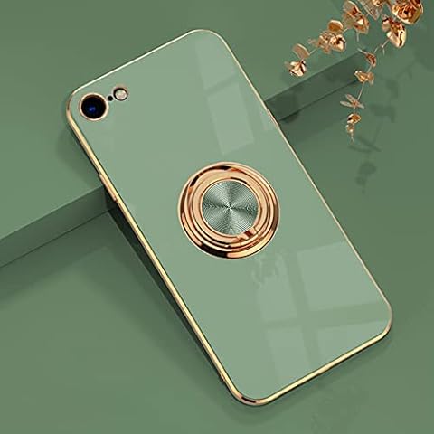 aowner for iPhone SE 3/SE 2/iPhone 8/7 Ring Holder Case Shiny Plating Rose Gold Edge with 360 Degree Rotation Kickstand for Women Girls Slim Soft Flexible TPU Protective Cover Case,4.7 Inch,Lightgreen Cover