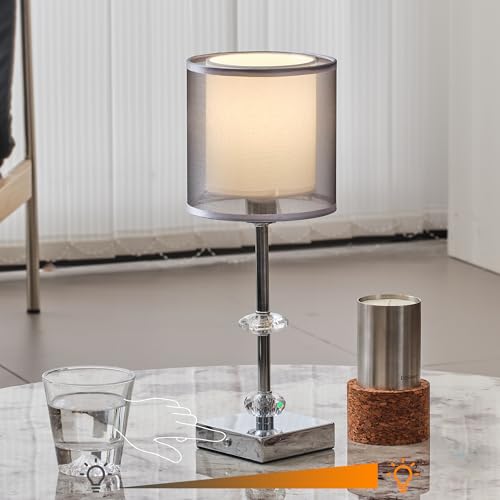 Cordless Table Lamp, 4000mAh Rechargeable Battery Operated, Portable Desk lamp, Dimmable LED Touch Beside Lamp, Crystal Metal with Fabric Shade Night Light for Bedroom Bar Restaurant(Silver Chrome)