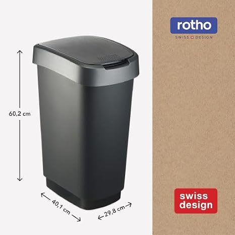 Rotho Twist waste bin 50l with lid, plastic (PP) BPA-free, black/silver, 50l (40.1 x 29.8 x 60.2 cm)