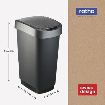 Rotho Twist waste bin 50l with lid, plastic (PP) BPA-free, black/silver, 50l (40.1 x 29.8 x 60.2 cm)