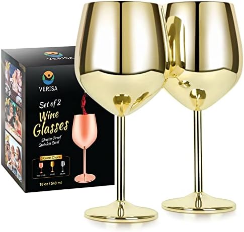 VERISA Stainless steel stemmed wine glasses,18oz Unbreakable Steel Wine glass, Shatterproof Metal wine Goblets for Outdoor, Picnic,Party, Gift Box Red wine 2 wine glasses (GOLD)