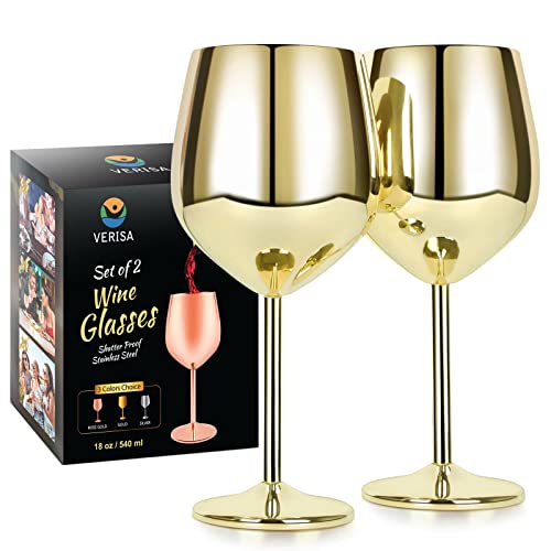 Verisa Stainless Steel Stemmed Wine Glasses,18Oz Unbreakable Steel Wine Glass, Shatterproof Metal Wine Goblets For Outdoor, Picnic,Party, Gift Box Red Wine 2 Wine Glasses (Gold) #TOP30