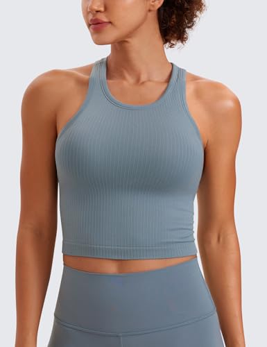 Image of CRZ YOGA Seamless Rib Racerback Crop Tank | Light Support, Removable Pads, Yoga, Ribbed, Racerback, Longline Sports Bras for Women