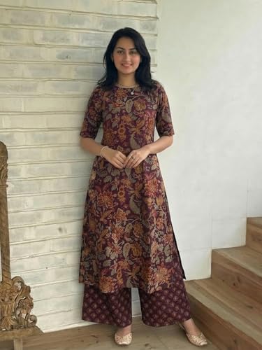 Image of ANNI Designer Women's Viscose Blend Straight Printed Kurta with Palazzo | Elbow Length Sleeve Kurti Set | Close Neck with Back Slit | Soft Comfortable Fabric | 2 Piece Outfit