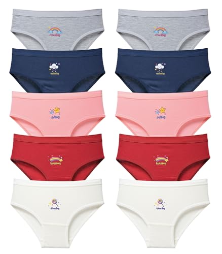 LadyMelex Unterwäsche aus weicher Baumwolle für kleine Mädchen, Kleinkindhöschen, Kinder-Slips, 10er-Pack, Grau, Lachs, Burgunderrot, Marineblau, Ecru, 8-9 Jahre
