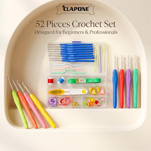 Image of CLAPONE 52 Piece Crochet Set Crochet Kit Crochet Hooks Knitting Kit Crochet Needles Yarn Needle Knitting Needles Set for Beginners Knitting Needles with Ergonomic Handles,Multicolour
