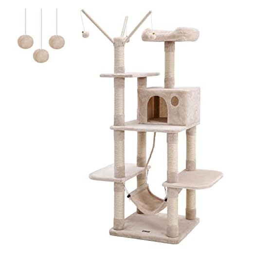 FEANDREA Arbre à Chat, Multi-Niveaux, Grande capacité, Griffoir, Niches, Colonnes renforcées, Tour à Chats, Hauteur 154 cm, Beige PCT86M