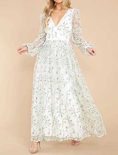 R.Vivimos Women's Floral Embroidered Maxi Dress Tulle V-Neck Backless Flowy A-Line Casual