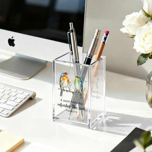 Image of A Sweet Friendship Makeup Organizer Pen Holder for Desk Accessories | Religious Gifts Pen Organizer for Sister Bestie Friend, Proverbs 27:9 Friendship Gifts Desk Accessories for Christian BFF