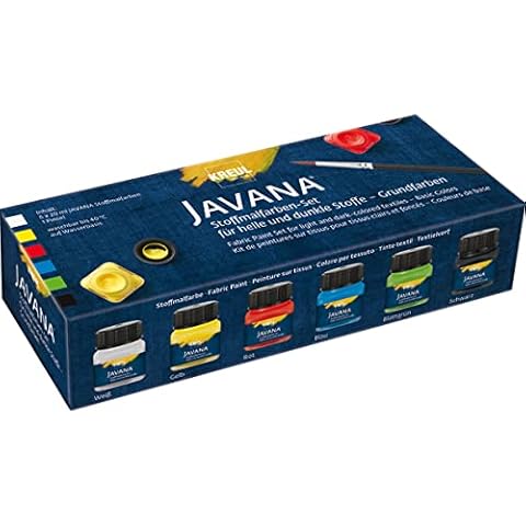 KREUL 90598 - Javana Stoffmalfarbe für helle und dunkle Stoffe, Grundfarbenset, 6 x 20 ml Farbe und ein Pinsel, brillante Farbe mit pastosem Charakter, nach Fixierung waschbeständig Cover