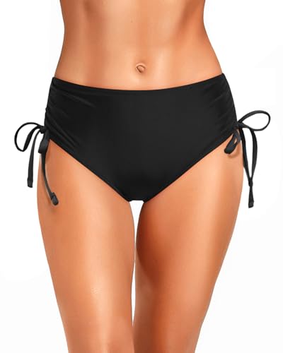 Zmart Women Full Coverage Bikini Bottom Adjustable Side Tie Swim Bottom with Side Ruched Mid Rise Bathing Swimsuit