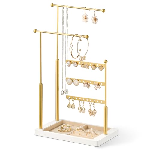 pickpiff Jewelry Organizer Holder Stand: 3 Tier Jewelry Storage Display for Necklace, Bracelet, Earring, Ring, White & Gold