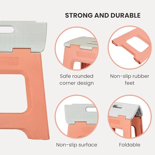 Image of Vigar Compact Folding Step Stool, 12-1 /2 in, Orange | 12-1 /2 in Foldable Stool, Lightweight Portable Design, Handle, Non Slip Surface, Space-Saving, Supports up to 330 lb