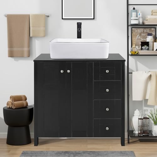 SOLIDEE 32-Inch Black Bathroom Vanity, Traditional Standing Pedestal Cabinet with