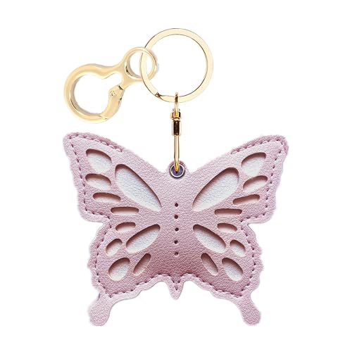 BORKUANA Leather Keychain Holder Case Compatible with AirTag Cute Protective Apple Air Tag Cover with Keychain Ring Anti-Scratch Finder GPS Tracker Case for Wallet Keys bag pets(Pink Butterfly)