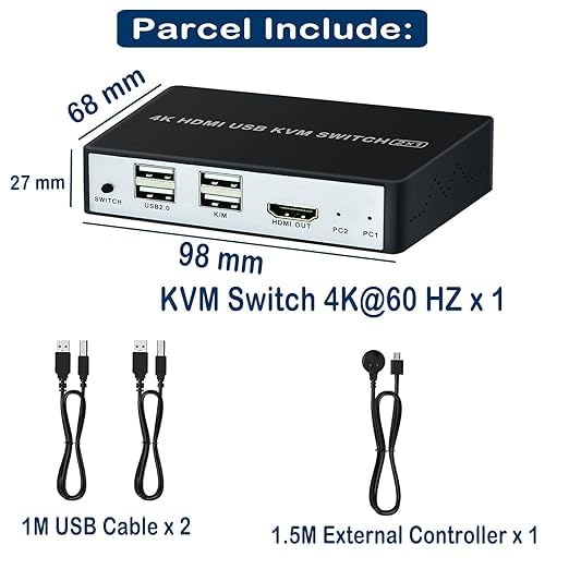 Conmutador KVM HDMI USB 2 puertos 4K, conmutador KVM SZJUNXIAO 2 entradas y 1 salida compatible con conmutador KVM UHD 4K@60Hz 2 PC 1 monitor con 2 cables USB, controlador de conmutación de escritorio