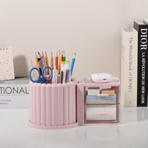 Image of Anyoifax 360 Rotating Pen Holder 7 Slots Desk Organizer with Drawer Removable Pencil Cup Plastic Art Supplies and Accessories Desktop Storage Box Caddy for Office, School, Home (Pink)