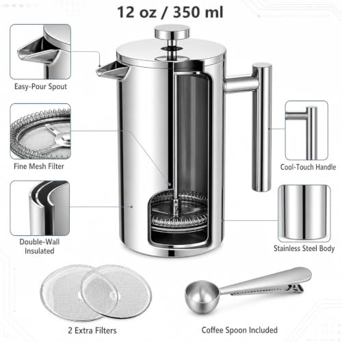 Image of 12 oz / 350 ml Stainless Steel French Press Coffee Maker, Double-Wall Insulated Small Coffee Press with 2 Extra Filters and Coffee Spoon, Single Serve French Press for Home, Office and Camping