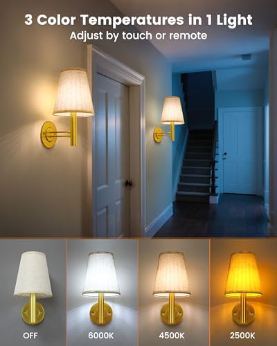 Image of TECOMLIGHT Battery Operated Wall Sconces Lights for Bedroom Set of 2, Wireless Rechargeable LED Wall Lamp with Remote & Touch Control, Wall Mount Lighting Fixture for Living Room, Satin Gold