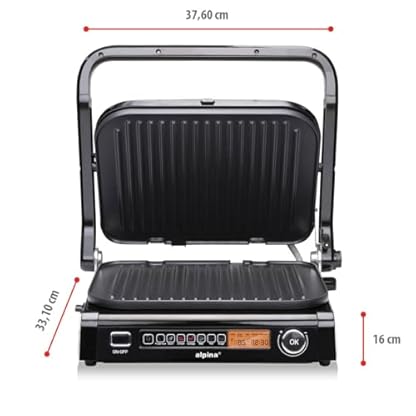 alpina Kontaktgrill - Optigrill 2100W - Sandwich Maker - Panini Grill - Multigrill für Gemüse, Brot und Fleisch - Tischgrill mit Antihaftbeschichtung - Intelligente Kochmodus - BPA-Frei - Schwarz – Bild 3