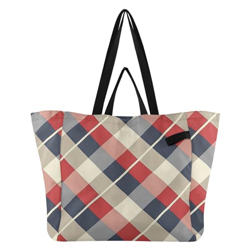 Red Blue and White Plaid Pattern Tote Canvas Bags Big Sturdy Kitchen Grocery Bags Everyday Bag for Men Farmers Market, Travel bolso para Gym