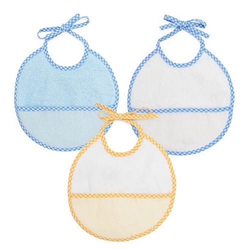 Ti TIN - Pack 3 Baberos de Punto de Cruz 100% Algodón con Tacto muy suave | Color Azul y medidas 19x19 cm - Baberos de rizo de algodón, fáciles de cerrar