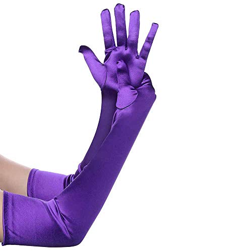 WBooo サテンロンググローブ ウエディング 手袋 ブライダル 花嫁 パーティー ストレッチ グローブ ダンス 演奏会 結婚式 フォーマル レディース グローブ (52cm 紫手袋)