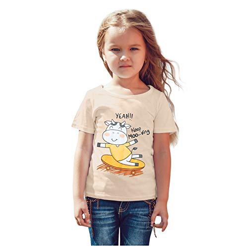 Girls Tshirt, Toddler Kids Baby Girls Boys Short Sleeve Cute Cartoon Cow Letter Tops Outfits 1-6 Years Beige