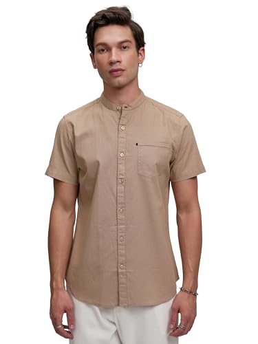 Image of Highlander Men's Casual Shirt | Solid | Slim Fit | Short Sleeves | Versatile Beige Hue a Sleek Look