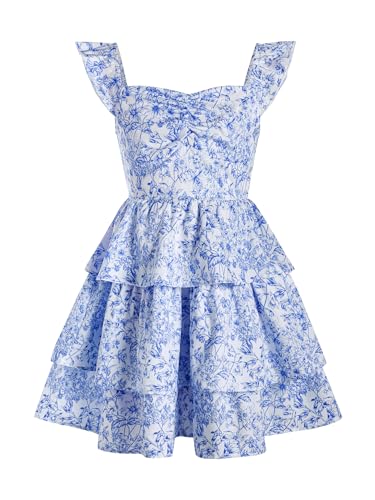 RoseSeek Girls Floral Summer Dress Ruffle Shirred High Waist Ruched Sweetheart A Line Spring Dress Floral Blue White 11Y