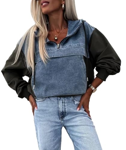 Sexyshine Women's Hooded Denim Patchwork Sweatshirt Half Zipper Up