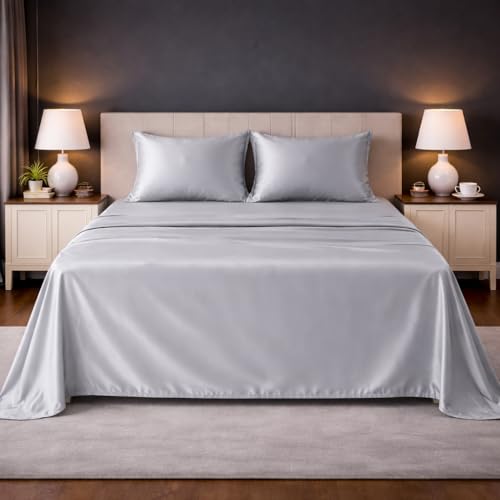 Image of LANE LINEN 100% Cotton Satin Fantasy Bedsheet Double Size - Silver | OEKO-Tex Certified, 100% Cotton Satin Weave, Fits Double & Queen Bed, Gentle on Skin & Hair, Wrinkle-Free