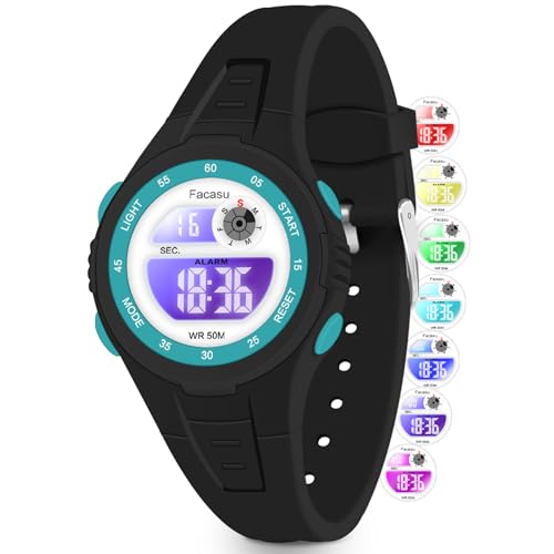 Facasu Kinderuhr Digital Jungen Mädchen,Buntes Licht,50M Wasserdicht,Outdoor-Sportuhr für Kinder mit Stoppuhr Alarm,12/24 Stunden–Kindergeschenke für Jungen Mädchen im Alter von 4–15 Jahren(Schwarz)