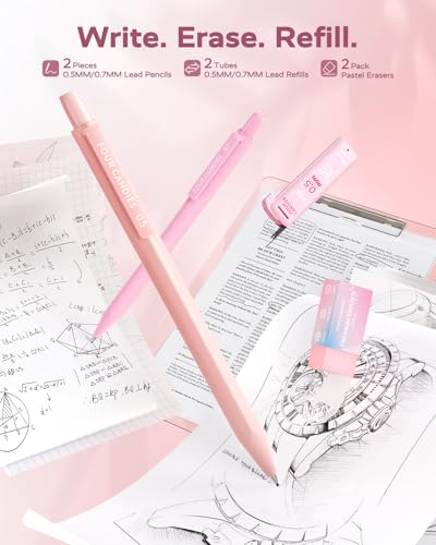 Image of Four Candies Aesthetic School Supplies Gel Pens with Black Correction Tapes, Pastel Highlighters, Mechanical Pencils, Sticky Notes, Bible Study Supplies, Stationery with Case, Pink