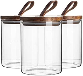 Argon Tableware 3 Piece Glass Jar With Wooden Lid Storage Container Set - Round Scandinavian Style Airtight Canister - 750ml