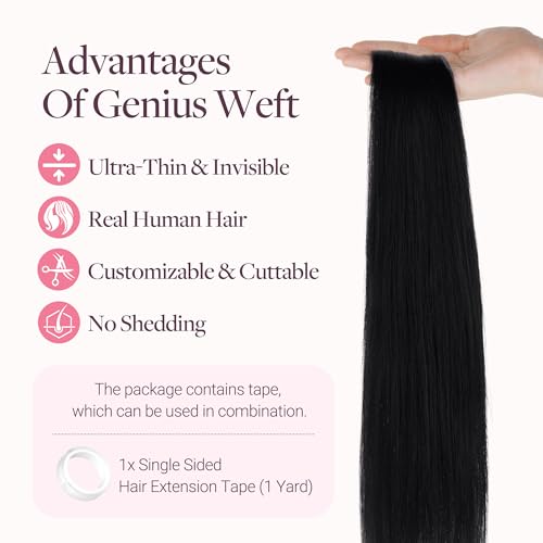 Image of GOO GOO Tape In Weft Hair Extensions Human Hair, Genius PU Long Weft Tape In Hair Extensions Real Human Hair, Silky Easy to Use, 1 Jet black 14 inch 50g 2pcs