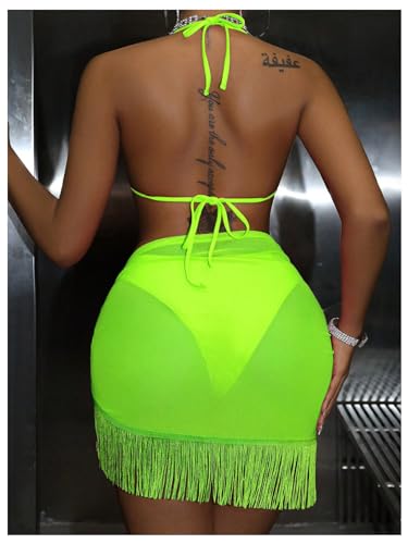 OYOANGLE Women's 3 Piece Swimsuit Rhinestone Sparkly Halter Bikini Bathing Suit with Fringe Sarong Cover Up2