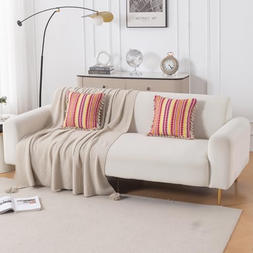 Image of HOKIPO 'Artisan Boho Series' 450 GSM Cushion Cover with Tassels | Cotton Acrylic Jacquard | 16x16 Inch (40x40 cm) | Pack of 2, Ruby Red (IN-905-A6*2)