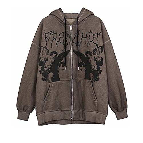 Women Y2K Aesthetic Oversized Hoodies Angel Print Zip Up Long Sleeve Sweatshirt Hooded Pullover Top Streetwear Jacket Coffee