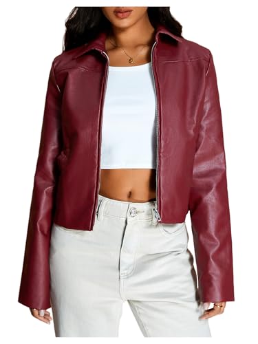 MakeMeChic Women's Crop Faux Leather Jacket Vintage Long Sleeve Collar Zip Up Biker Motorcycle Jackets Coats