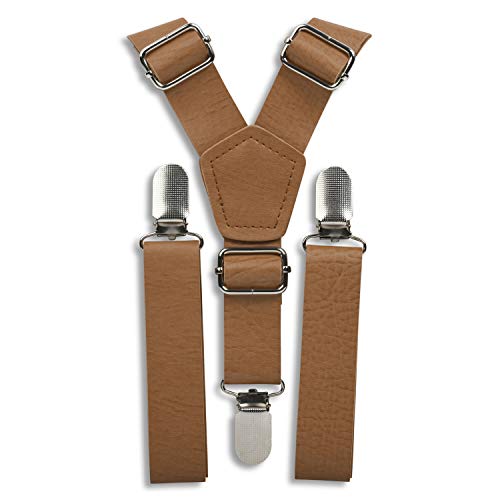 Brown Leather Like Suspenders for Men - Wedding Outfits for Groomsmen (Vintage Tan, Silver Clips, 35”-67 fits up to 6’8 made to fit Big & Tall) by London Jae Apparel