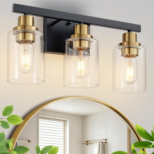 Image of 3-Light Bathroom Light Fixtures,Black and Gold Vanity Lights 17 inch | Modern Wall Sconce Lighting,Vanity Light Over Mirror with Clear Glass Shade,Farmhous Wall Mounted for Bathroom,E26 Base